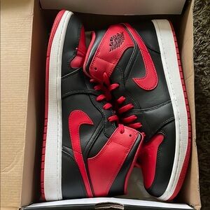 Air Jordan 1 Mid Nike Men's Black and Red High-Top Sneakers